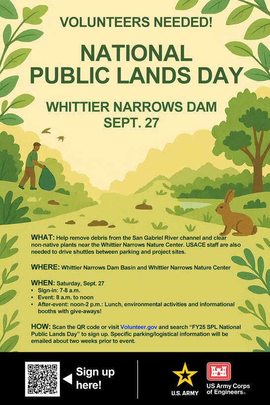 The U.S. Army Corps of Engineers Los Angeles District will host a National Public Lands Day clean-up event Sept. 27 at the Whittier Narrows Dam Basin and Whittier Narrows Nature Center.