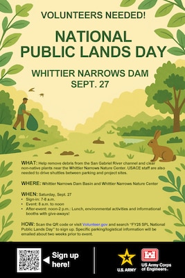 The U.S. Army Corps of Engineers Los Angeles District will host a National Public Lands Day clean-up event Sept. 27 at the Whittier Narrows Dam Basin and Whittier Narrows Nature Center.