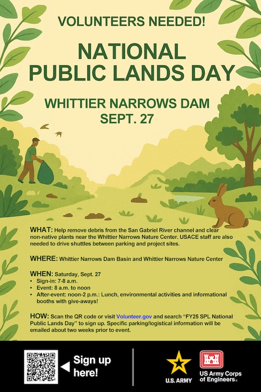 The U.S. Army Corps of Engineers Los Angeles District will host a National Public Lands Day clean-up event Sept. 27 at the Whittier Narrows Dam Basin and Whittier Narrows Nature Center.