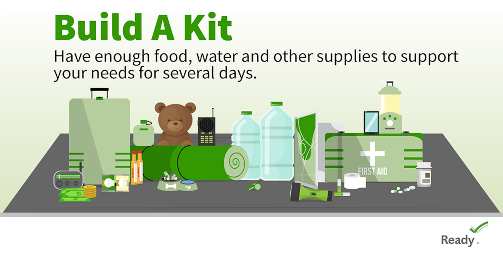 Green text with the words, "Build A Kit" along with black text that read, "Have enough food, water and other supplies to support your needs for several days.

The graphic also includes icon images of a green suitcase, brown teddy bear, green roll, water bottles, green first aid kit, lantern, smart phone, green flashlight, black and green radio, dog food and water container.