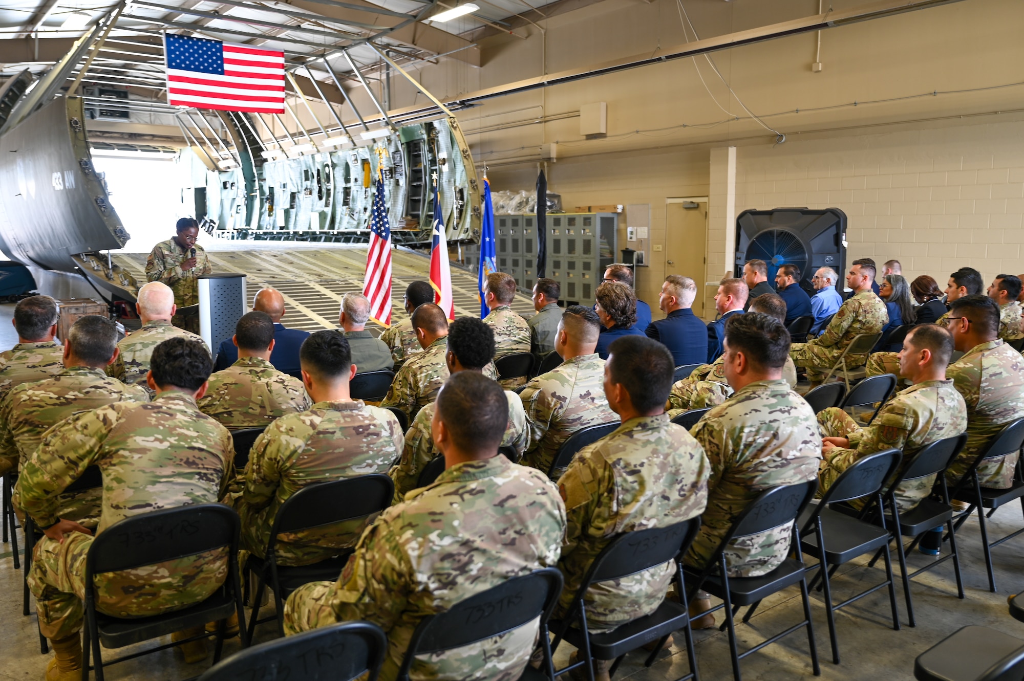 Friends, family, honorary commanders, and Airmen from the Alamo Wing assembled to celebrate alongside the 433rd Contingency Response Squadron during a redesignation ceremony at Joint Base San Antonio-Lackland, Texas, Sept. 6, 2025.