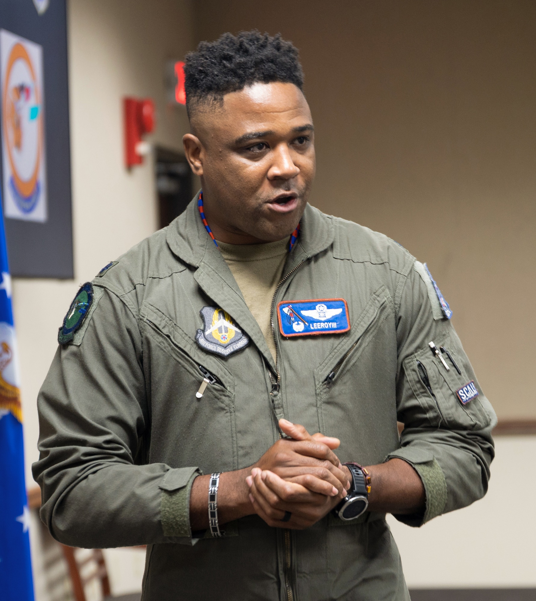 Lt. Col. Millard Matthews, III, 93rd Bomb Squadron commander, addresses the audience during the Formal Training Unit Class 25-01 graduation ceremony