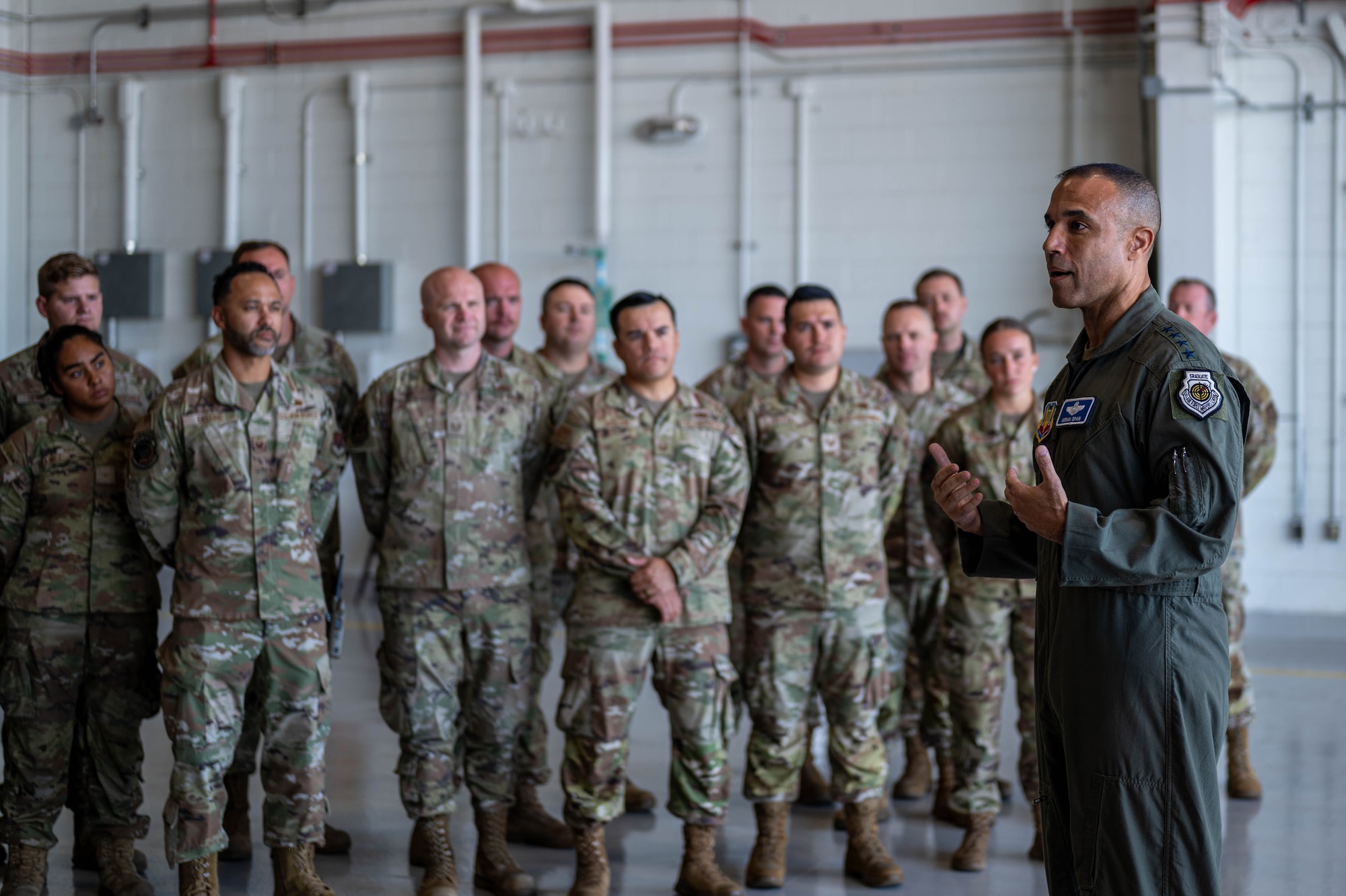 U.S. Air Force Gen. Adrian Spain speaks to Airmen during his visit to Tyndall