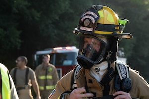 A firefighter assigned to the 1st Special Operations Wing discusses drone response protocols at Hurlburt Field, Florida, Sept. 8, 2025.