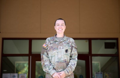 Staff Sgt. Crystal Wilkerson, noncommissioned officer in charge of the 25th Combat Aviation Clinic, a component of Desmond T. Doss Clinic, received a nomination for recognition of exceptional performance from a medical support assistant praising her efforts to significantly improve medical service delivery to Soldiers through a comprehensive digital transformation, Sept. 11, 2025. (Defense Health Agency photo by Khinna Kaminske)
