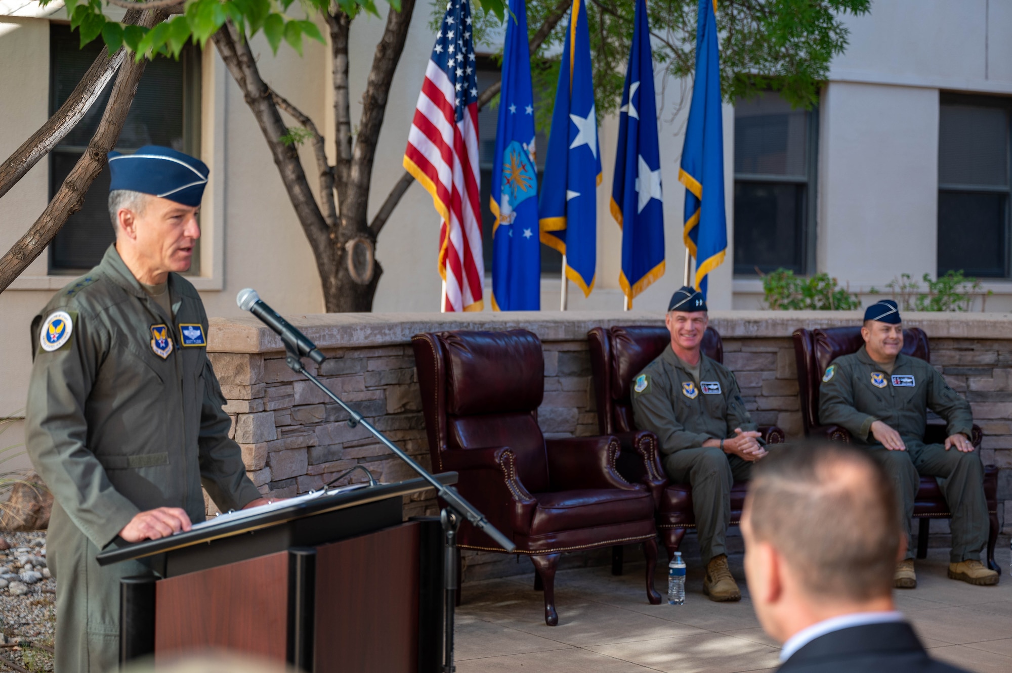 Lt. Gen. Scott Pleus, Director of Staff, Headquarters Air Force, makes comments at the Air Force Operational Test and Evaluation Center change of command held Sept. 16, 2025.