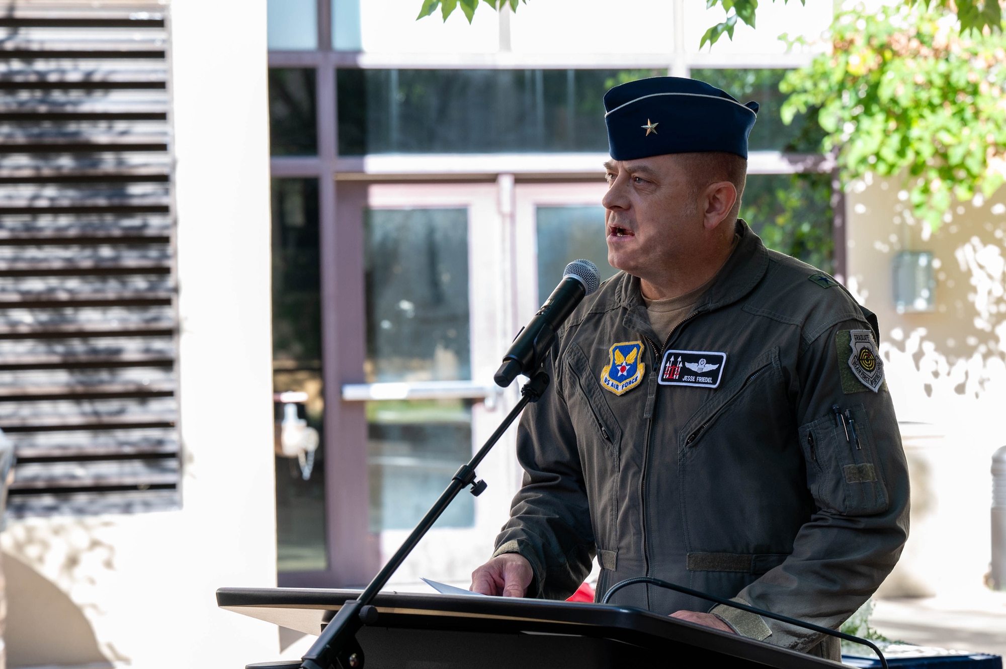 Brig. Gen. Jesse Friedel addresses the audience after assuming command as the Commander of the Air Force Operational Test and Evaluation Center on Sept. 16, 2025.