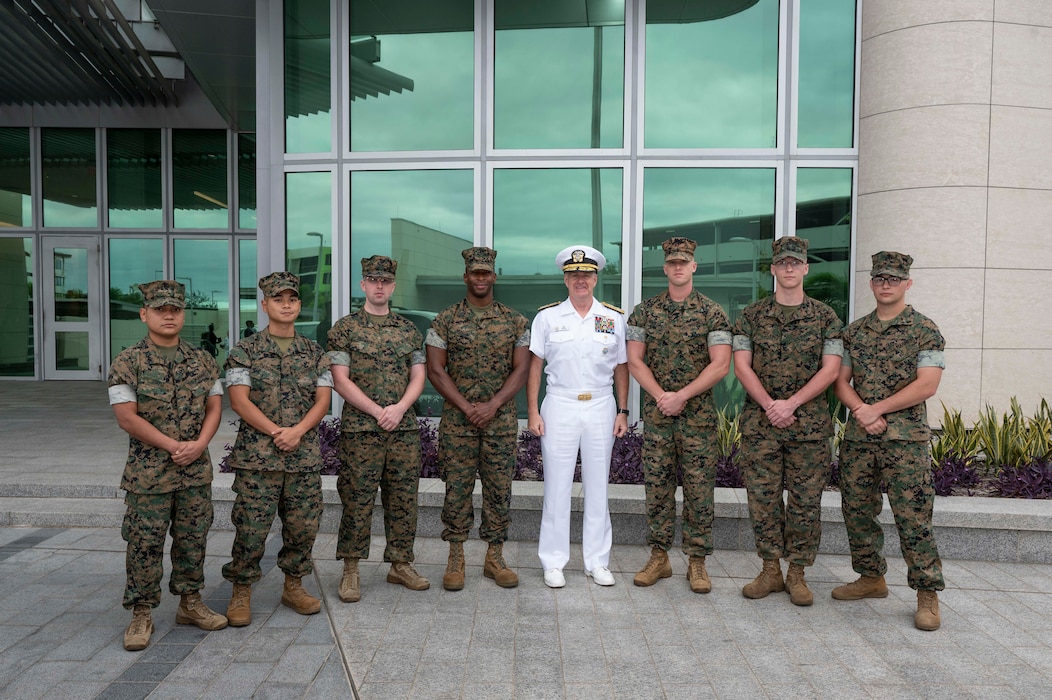 Adm. Samuel J. Paparo, commander of U.S. Indo-Pacific Command, greets the Marine Corps Embassy Security Guard detachment in Port Moresby, Papua New Guinea on September 15, 2025.