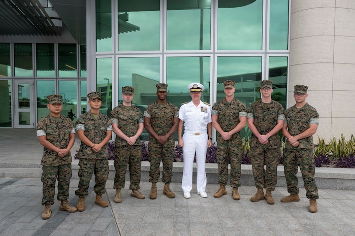 Adm. Samuel J. Paparo, commander of U.S. Indo-Pacific Command, greets the Marine Corps Embassy Security Guard detachment in Port Moresby, Papua New Guinea on September 15, 2025.