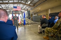 Lt. Col. Michael Medrano, 433rd Operations Group interim commander, addresses an audience during a redesignation ceremony at Joint Base San Antonio-Lackland, Texas, Sept. 6, 2025.