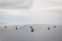 U.S. 7TH FLEET AREA OF OPERATIONS (Sept. 16, 2025) – Japan Maritime Self-Defense Force, Republic of Korea Navy, and U.S. Navy ships sail in formation in support of Exercise Freedom Edge 25, Sept. 16. Trilateral exercises like Freedom Edge demonstrate a shared commitment to achieve and maintain peace in the Asia-Pacific. U.S. 7th Fleet, the Navy's largest forward-deployed numbered fleet, routinely interacts and operates with allies and partners in preserving a free and open Indo-Pacific. (U.S. Navy photo by Mass Communication Specialist 1st Class Charles Oki)