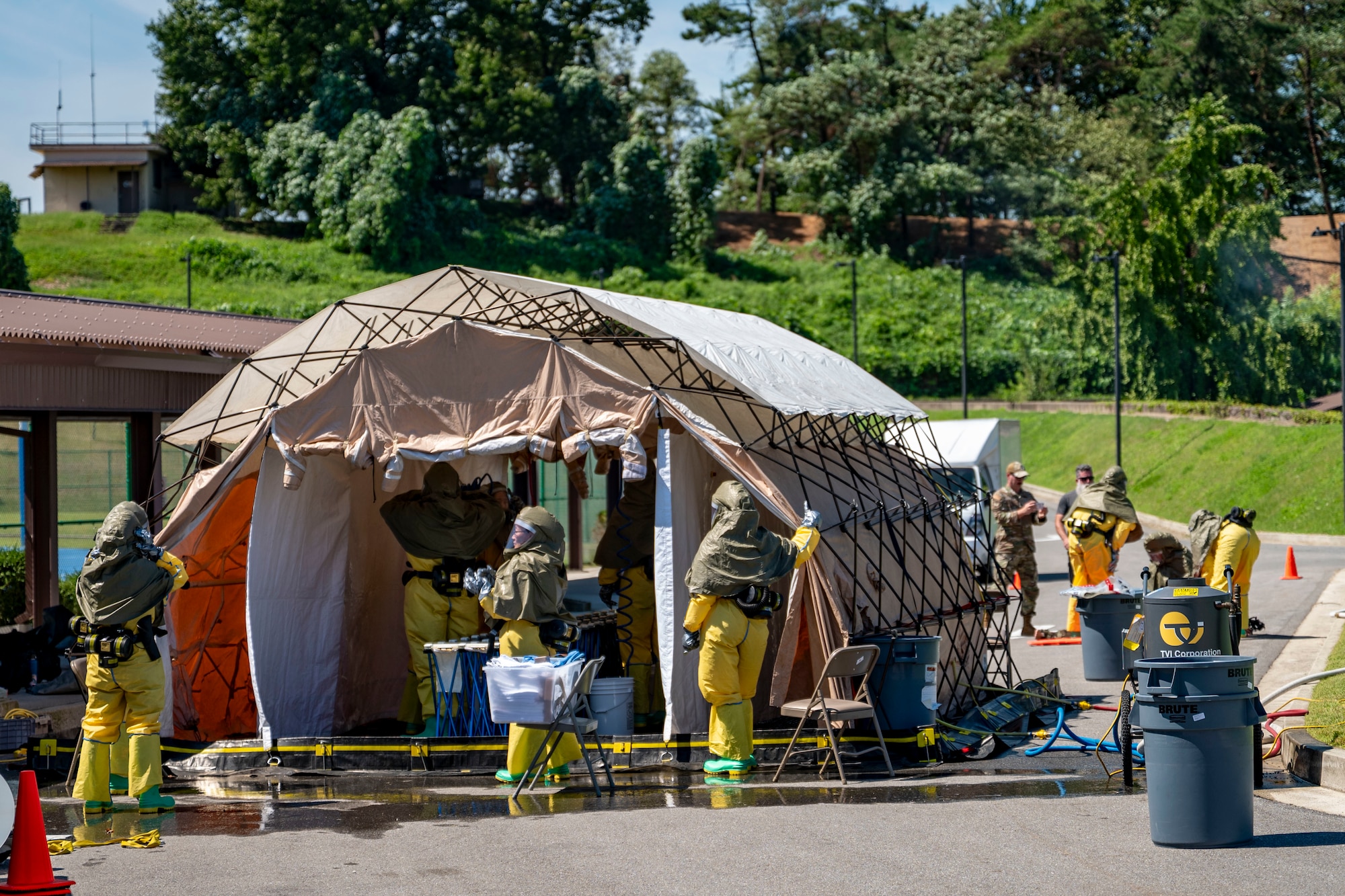 U.S. Air Force The 51st Medical Group set up a mobile decontamination site during an exercise at Osan Air Base, Republic of Korea, Sept. 11, 2025.