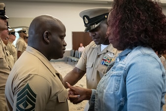 Marine 1st Sgt. Sonlord Jean, left, receives the Chief Petty Officer’s rank insignia to recognize his earning of the honorary title of “Chief” during a ceremony held Tuesday, September 16, 2025 aboard Marine Corps Air Station Cherry Point. 

 

Seven Sailors promoted to the rank of Chief Petty Officer while Sonlord and another Marine earned the honorary title of Chief Petty Officer. Marines, whose rank structure differs from the Navy’s, receive the honorary title in recognition of their leadership and alignment with Navy traditions.  While not authorized to wear the Chief Petty Officer’s Anchor outwardly on their uniforms, honorary Chiefs carry the distinction and professional development earned with it.