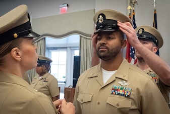 Chief Petty Officer Carmello Dixon, center, receives his Chief Petty Officer Cap during a ceremony held Tuesday, September 16, 2025 aboard Marine Corps Air Station Cherry Point.  Dixon and six other Sailors promoted to the rank of Chief Petty Officer while two Marines earned the honorary title.



Promotion to “Chief” and earning the honorary title of Chief Petty Officer is a recognition of exceptional performance in their current duties and potential for continued success in the Navy and Marine Corps.