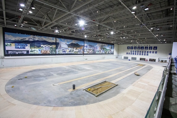 Construction continues at the indoor track and field area of the U.S. Air Force Academy’s Cadet Field House, in Colorado Springs, Colorado, Aug. 25, 2025.