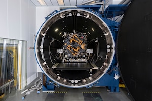 The Robotic Servicing of Geosynchronous Satellites (RSGS) payload integrated with the Northrop Grumman Mission Robotics Vehicle (MRV) spacecraft bus sits in the cryogenic thermal vacuum chamber for testing at the U.S. Naval Research Laboratory’s (NRL) Naval Center for Space Technology (NCST) in Washington, D.C., July 28, 2025. NRL NCST, with funding support from the Defense Advanced Research Projects Agency (DARPA), is conducting final space-readiness testing on RSGS, a robotic payload designed to extend and upgrade satellites already in orbit.