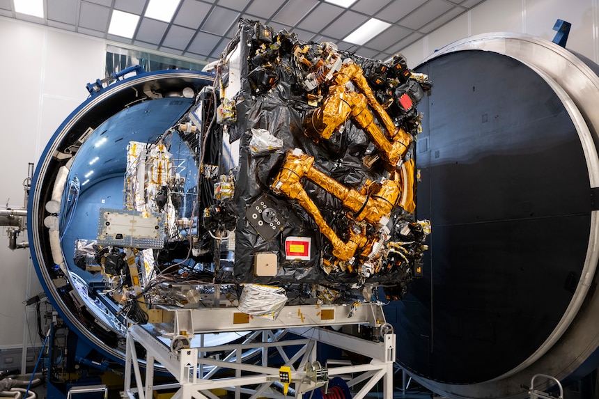 The Robotic Servicing of Geosynchronous Satellites (RSGS) payload integrated with the Northrop Grumman Mission Robotics Vehicle (MRV) spacecraft bus sits outside the cryogenic thermal vacuum chamber after completing testing at the U.S. Naval Research Laboratory’s (NRL) Naval Center for Space Technology (NCST) in Washington, D.C., Sept. 3, 2025. NRL NCST, with funding support from the Defense Advanced Research Projects Agency (DARPA), is conducting final space-readiness testing on RSGS, a robotic payload designed to extend and upgrade satellites already in orbit.