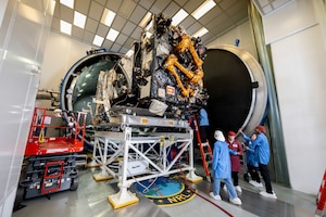 The Robotic Servicing of Geosynchronous Satellites (RSGS) payload integrated with the Northrop Grumman Mission Robotics Vehicle (MRV) spacecraft bus sits outside the cryogenic thermal vacuum chamber after completing testing at the U.S. Naval Research Laboratory’s (NRL) Naval Center for Space Technology (NCST) in Washington, D.C., Sept. 4, 2025. NRL NCST, with funding support from the Defense Advanced Research Projects Agency (DARPA), is conducting final space-readiness testing on RSGS, a robotic payload designed to extend and upgrade satellites already in orbit.
