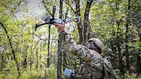 A U.S. Soldier with the Oklahoma Army National Guard launches a drone during Exercise Thunderstruck 2.0 at Camp Gruber Training Center, Okla., Sept. 13, 2025.