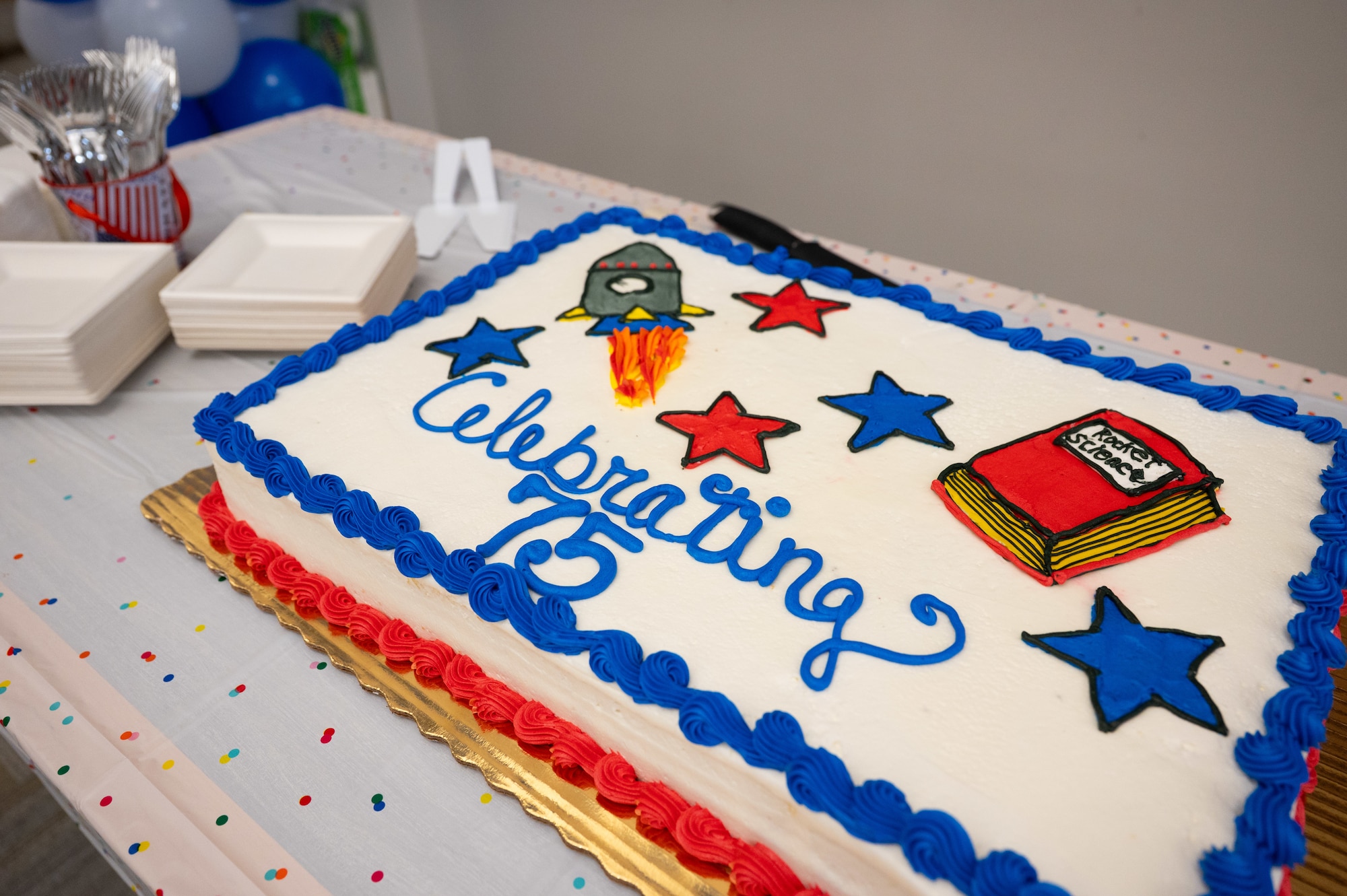A cake marks the 75th anniversary of the Patrick Space Force Base library on September 4, 2025.