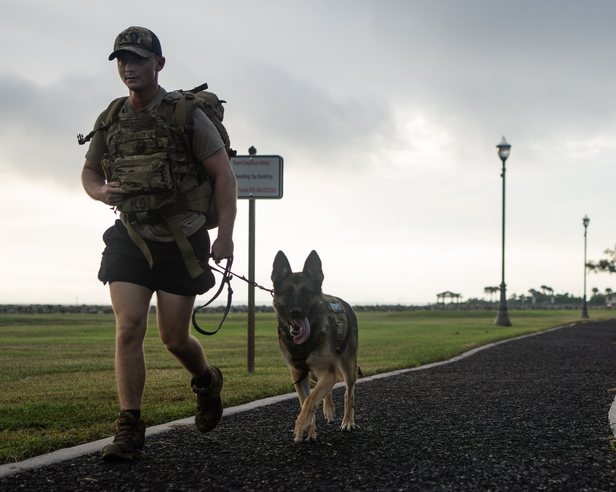 U.S. Air Force Christopher Hyman, 6th Security Forces Squadron military working dog handler, and MWD Jenny participate in the 16th annual Helton Hall 5K at MacDill Air Force Base, Florida, Sept. 8, 2025. 1st Lt. Joseph D. Helton Jr. is remembered for his selfless leadership and motto: “Don’t be a weak sauce.” (U.S. Air Force photo by Airman 1st Class Helen Ly)