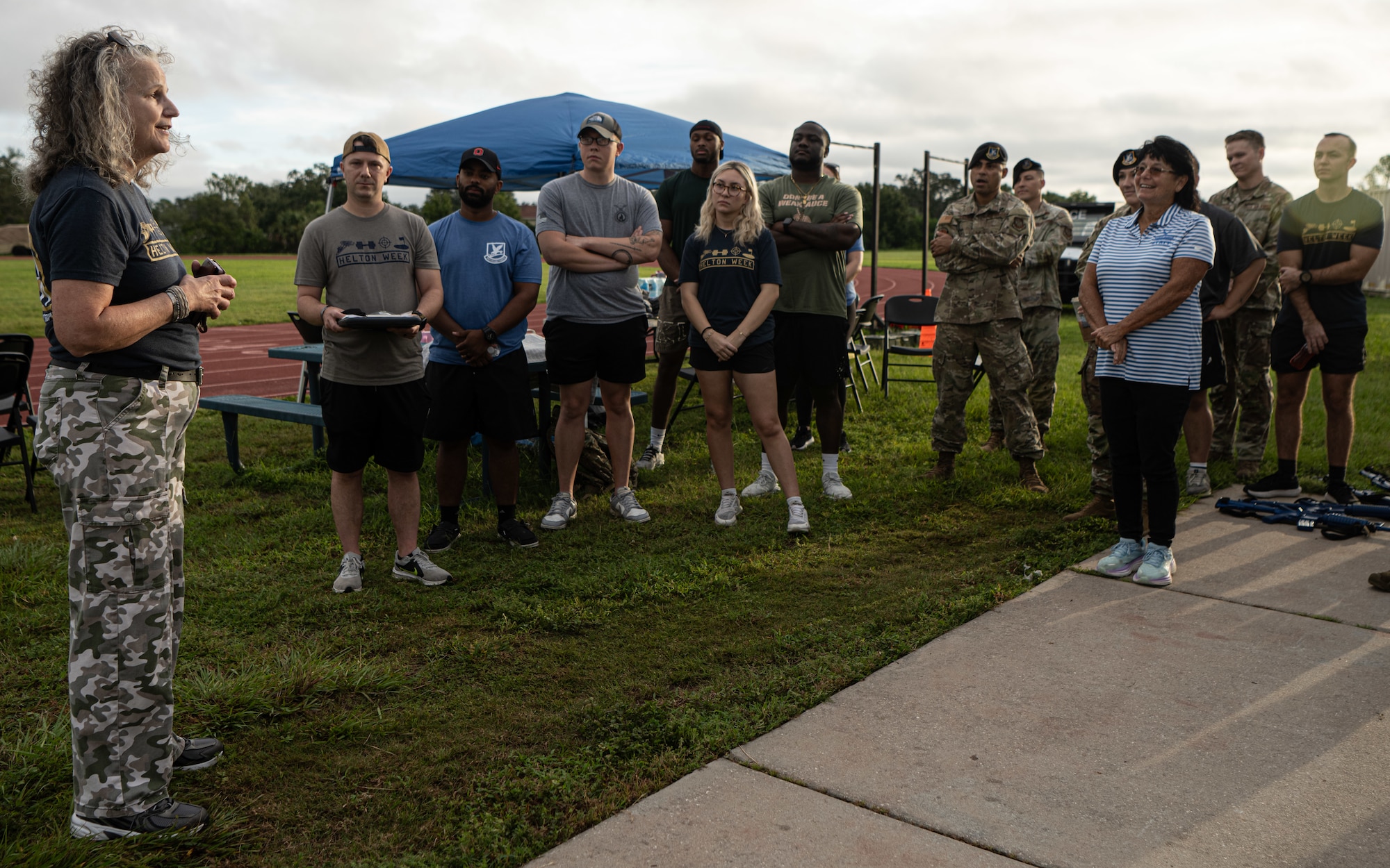 Jiffy Helton, 1st Lt. Joseph D. Helton Jr.’s mother, speaks to participants in the installation’s 16th annual Helton Week defenders challenge at MacDill Air Force Base, Florida, Sept. 10, 2025. The challenge was held in memory of her son, 1st Lt. Joseph D. Helton Jr., who was the first security forces officer killed in military operations since the Vietnam War, Sept. 8, 2009. (U.S. Air Force photo by Airman 1st Class Helen Ly)