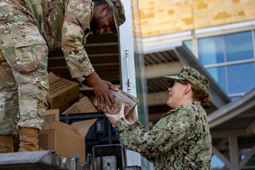 A man standing in the back of a truck hands something down to a woman beside the truck.