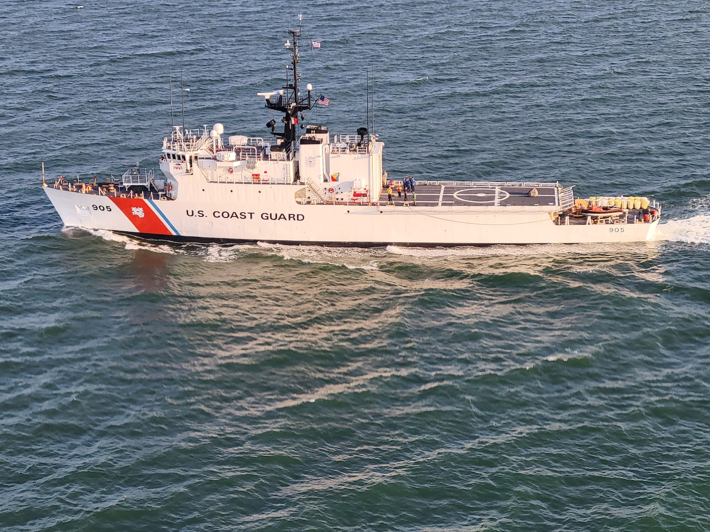 Coast Guard Cutter Spencer (WMEC 905) conducts flight operations with an Air Station Elizabeth City MH-60 Jayhawk helicopter aircrew while underway in Chesapeake Bay, June 26, 2025. These operations enhance mission readiness between surface and aviation assets. (U.S. Coast Guard photo by Petty Officer 1st Class Richard Stewart)