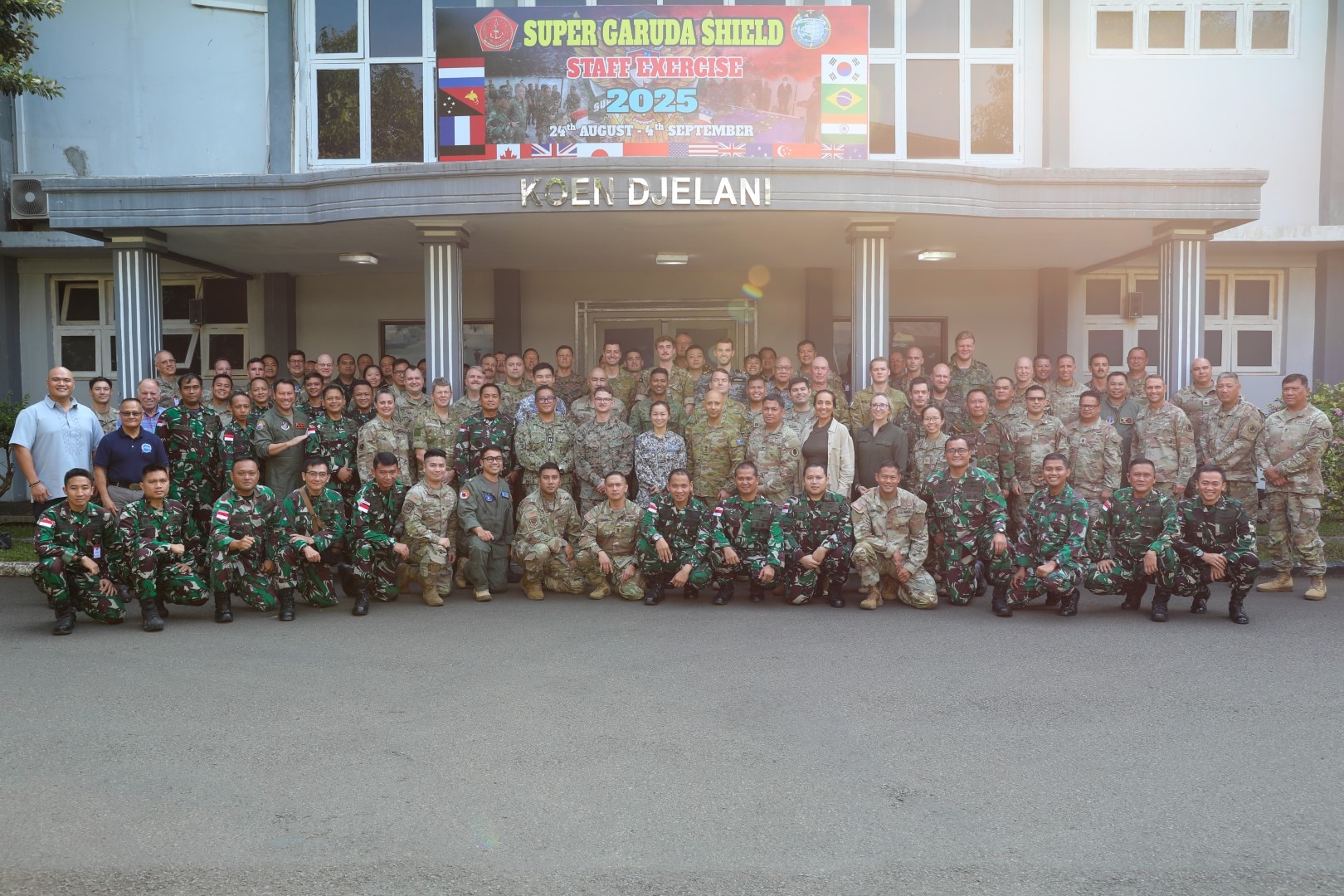 Joint and multilateral personnel pose for a group photo at a Staff Exercise during Super Garuda Shield 25 in Jakarta, Indonesia, Sept. 1, 2025.