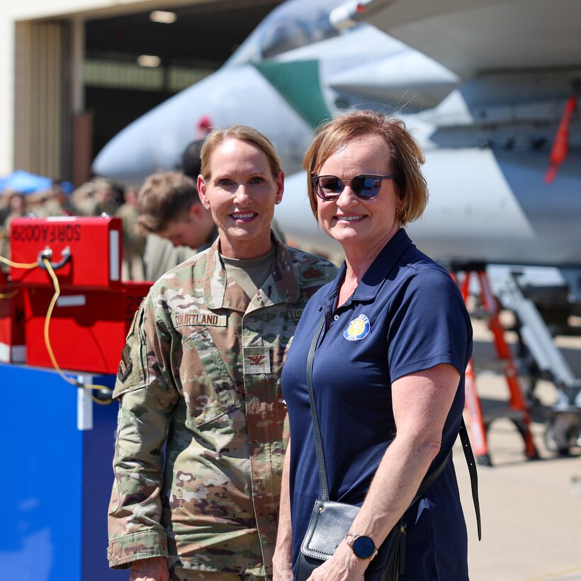 U.S. Air Force Col. Kellie Courtland, 82nd Training Wing deputy commander, poses with Traci Thorpe, Pioneer Technology Center superintendent and CEO, during a Bracer Forge exercise at Sheppard Air Force Base, Texas, Sept. 11, 2025.