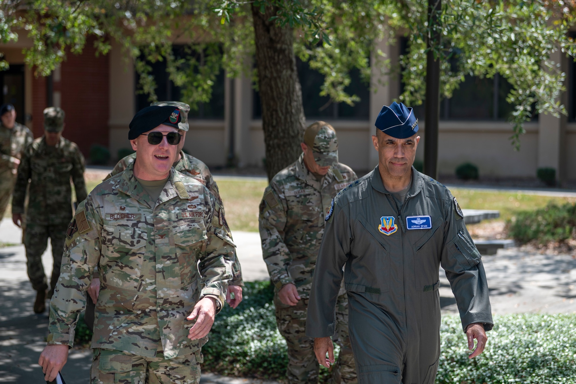 U.S. Air Force Gen. Adrian Spain, commander of Air Combat Command, speaks with Col. John Blocher, commander of 93rd Air Ground Operations Wing, at Moody Air Force Base, Georgia, Sept. 16, 2025. The 93rd AGOW provide ready airmen to the ground domain to prevail in any conflict. (U.S. Air Force photo by Senior Airman Leonid Soubbotine)