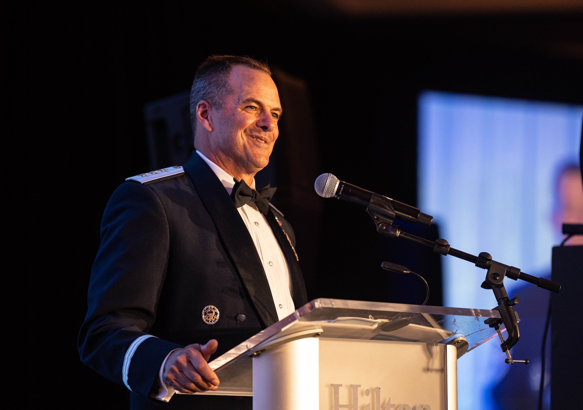 U.S. Air Force Lt. Gen. Sean Farrell, U.S. Special Operations Command deputy commander, provides closing remarks during the Air Force Ball in Tampa, Florida, Sept. 13, 2025. The event celebrated the 78th birthday of the Air Force as an independent branch of the U.S. military. (U.S. Air Force photo by Staff Sgt. Christopher Tam)