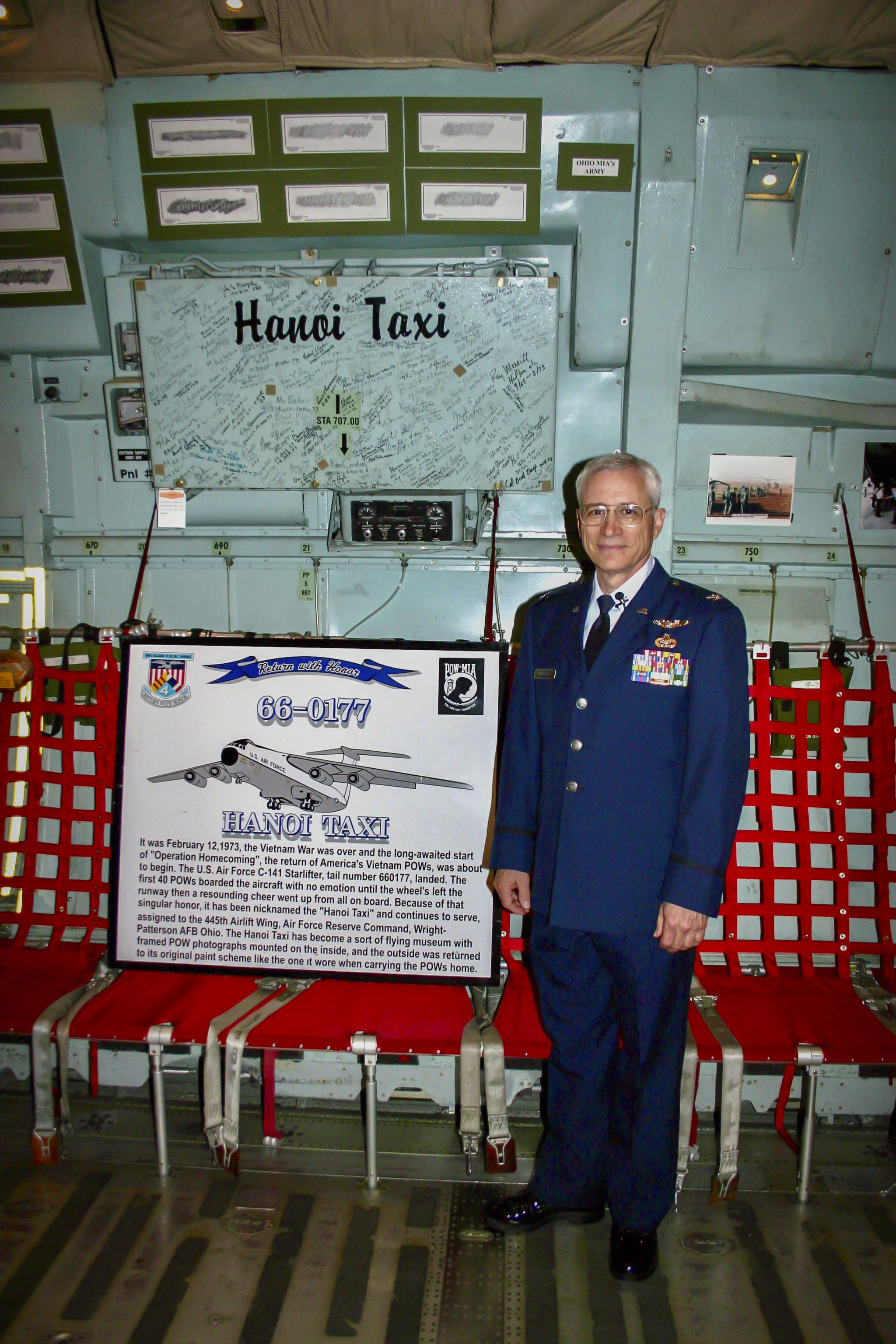 Retired U.S. Air Force Col. Steve Wilkerson stands aboard the Hanoi Taxi shortly after his promotion, during one of the aircraft’s final official flights to the National Museum of the U.S. Air Force. The mission marked the next-to-last operational act for the iconic C-141 Starlifter, which played a pivotal role in repatriating American POWs from Vietnam. (Courtesy photo from Wilkerson)