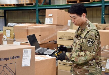 A local national employee at the U.S. Army Medical Materiel Center-Korea processes incoming medical materiel during the Ulchi Freedom Shield 2025 training exercise, held Aug. 18-28 in South Korea.