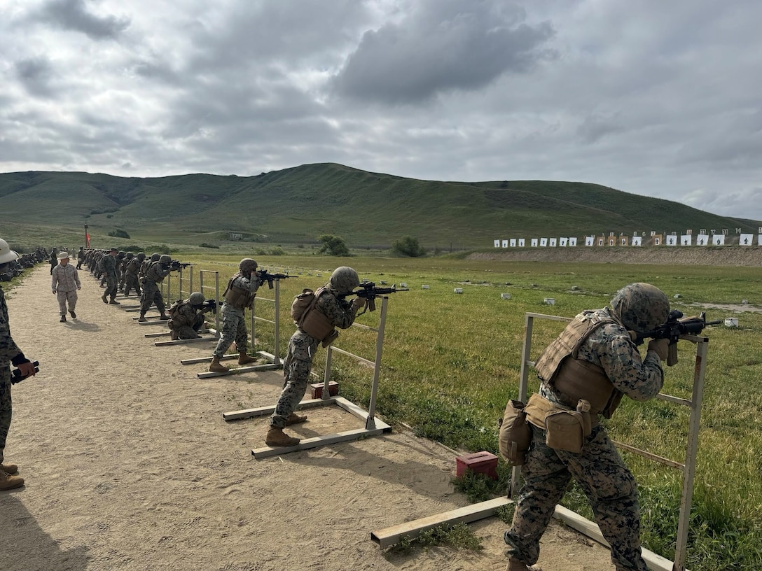 U.S. Marines with Detachment 1, Headquarters Company, 4th Law Enforcement

Battalion, Force Headquarters Group, Marine Forces Reserve, conduct Annual Rifle

Qualification at Marine Corps Base Camp Pendleton, California, May 7, 2025. The ARQ

enhances combat readiness by requiring Marines to wear full combat gear and perform live-fire drills involving movement and use of barricades simulating the stress and complexity of real-world engagements. (Courtesy Photo)