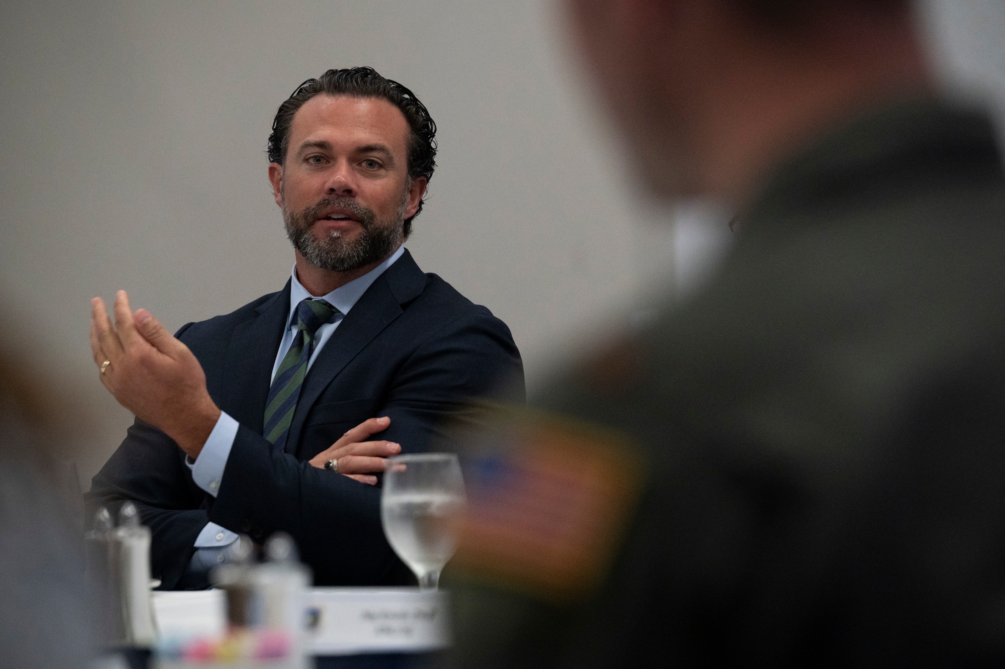 Under Secretary of the Air Force Matt Lohmeier meets with Airmen during a luncheon at Scott Air Force Base, Illinois, Sept. 15, 2025. Lohmeier’s visit allowed U.S. Transportation Command and Air Mobility Command senior leaders along with Airmen the opportunity to highlight how the commands are ready to project, maneuver, and sustain the joint force anytime, anywhere in support of national objectives. (U.S. Air Force photo by Staff Sgt. Dalton Williams)