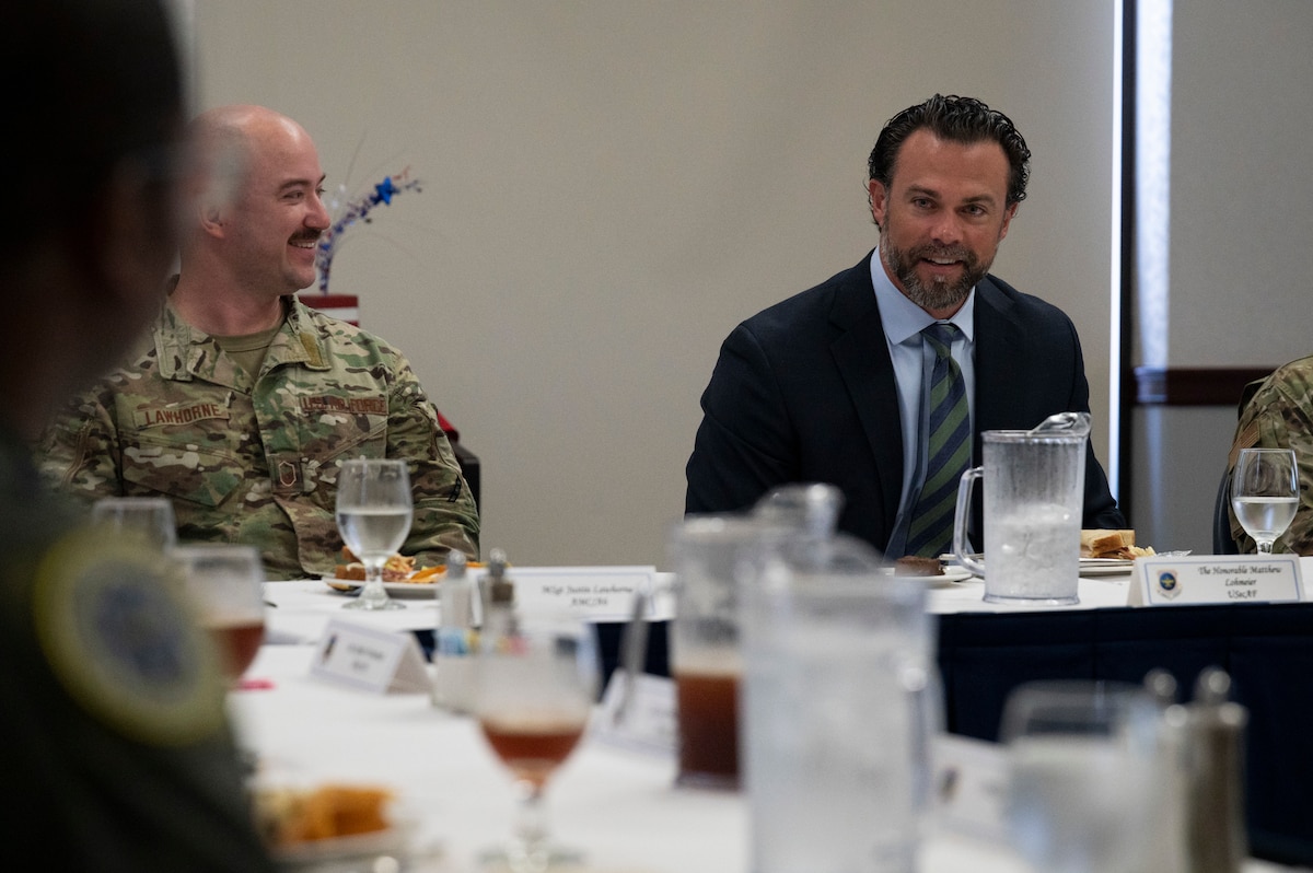 Under Secretary of the Air Force Matt Lohmeier meets with Airmen during a luncheon at Scott Air Force Base, Illinois, Sept. 15, 2025. Lohmeier’s visit allowed U.S. Transportation Command and Air Mobility Command senior leaders along with Airmen the opportunity to highlight how the commands are ready to project, maneuver, and sustain the joint force anytime, anywhere in support of national objectives. (U.S. Air Force photo by Staff Sgt. Dalton Williams)