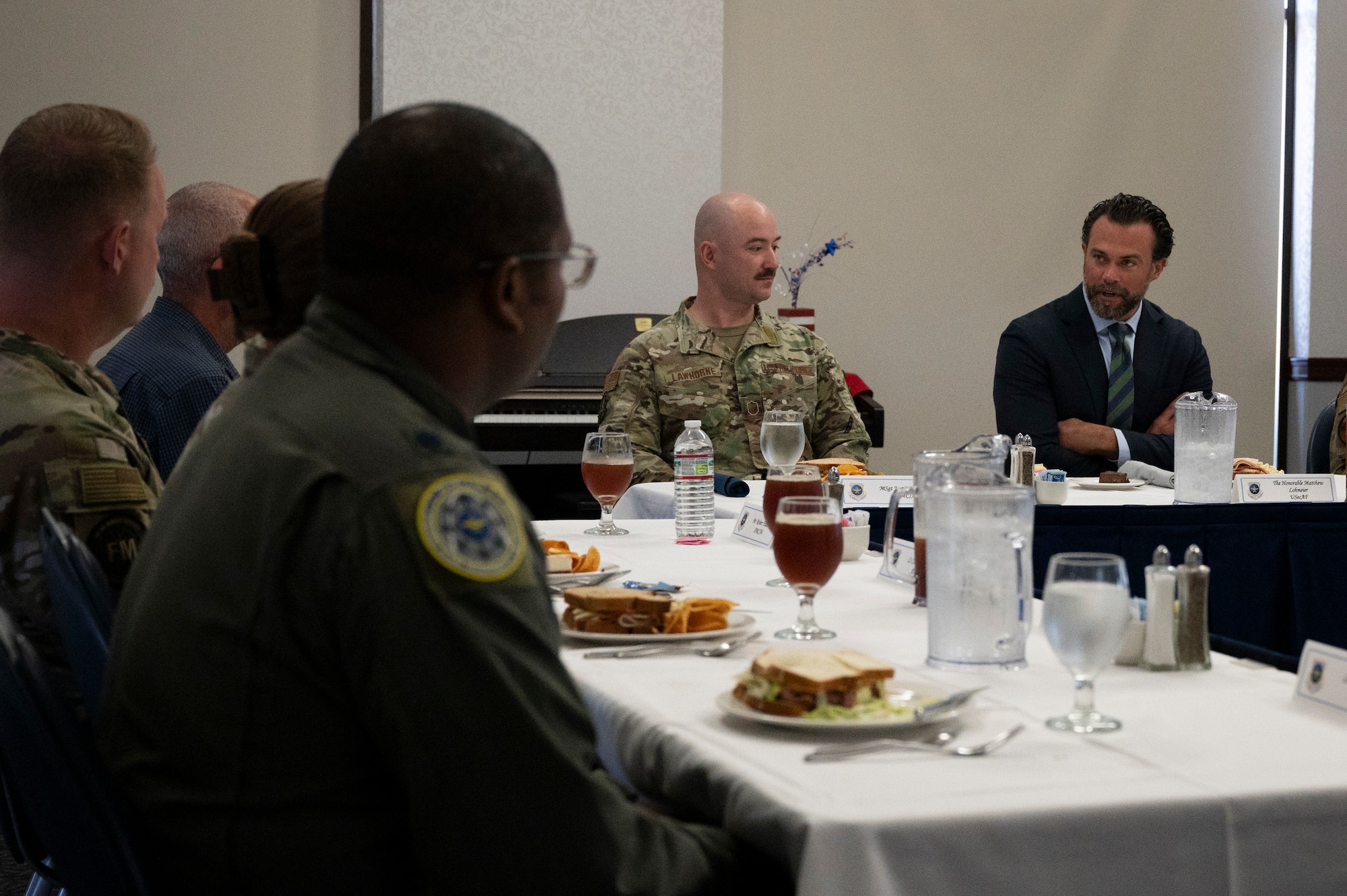 Under Secretary of the Air Force Matt Lohmeier meets with Airmen during a luncheon at Scott Air Force Base, Illinois, Sept. 15, 2025. Lohmeier’s visit allowed U.S. Transportation Command and Air Mobility Command senior leaders along with Airmen the opportunity to highlight how the commands are ready to project, maneuver, and sustain the joint force anytime, anywhere in support of national objectives. (U.S. Air Force photo by Staff Sgt. Dalton Williams)