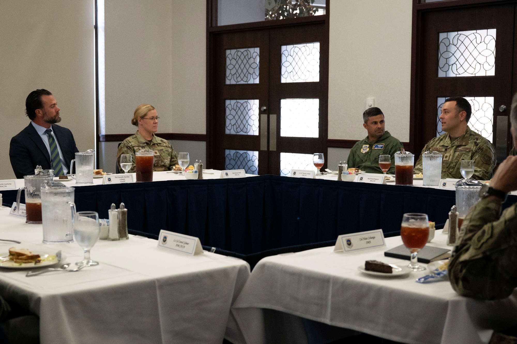 Under Secretary of the Air Force Matt Lohmeier meets with Airmen during a luncheon at Scott Air Force Base, Illinois, Sept. 15, 2025. Lohmeier’s visit allowed U.S. Transportation Command and Air Mobility Command senior leaders along with Airmen the opportunity to highlight how the commands are ready to project, maneuver, and sustain the joint force anytime, anywhere in support of national objectives. (U.S. Air Force photo by Staff Sgt. Dalton Williams)