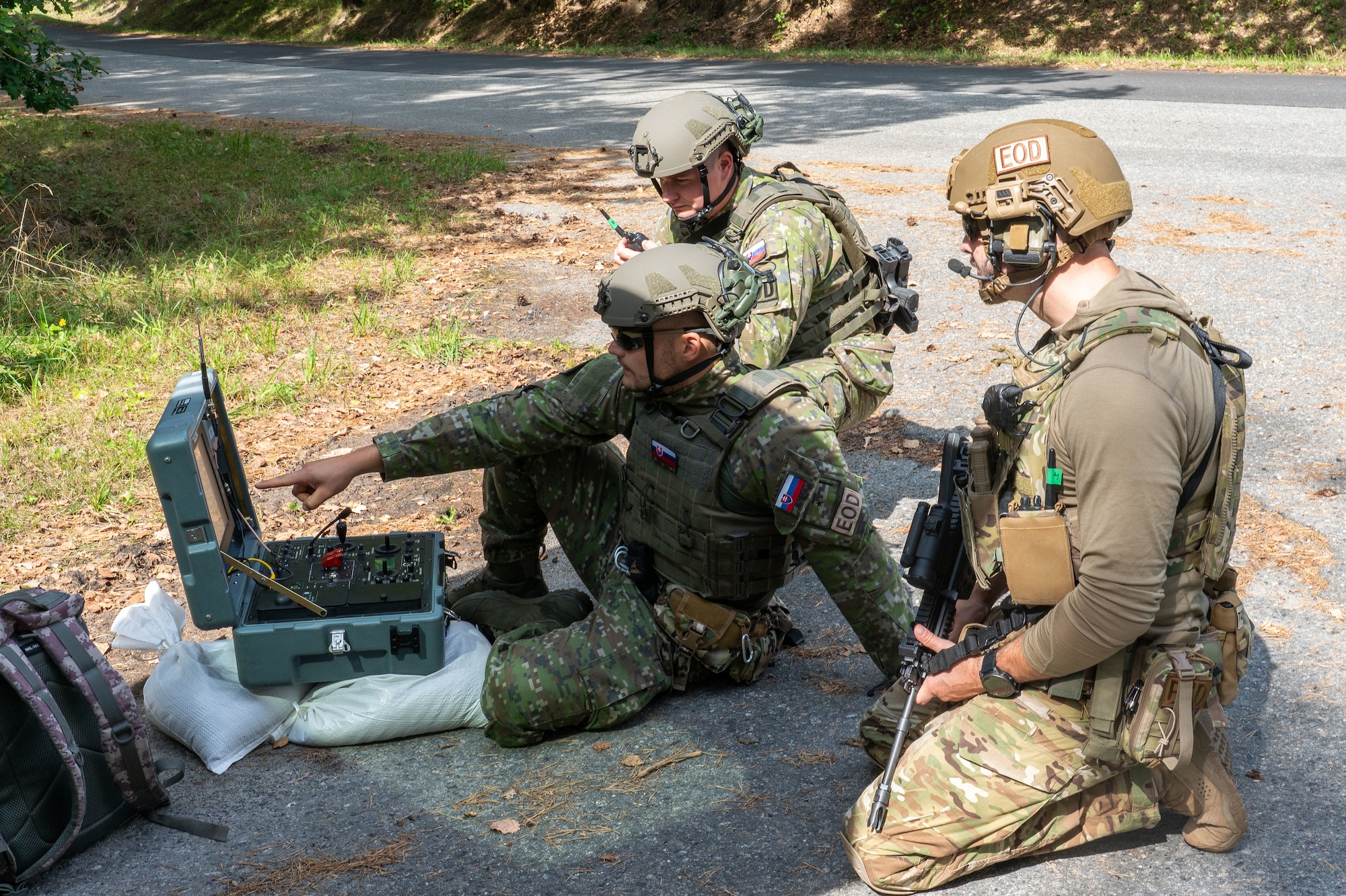 Members of an EOD team look at a monitor while kneeling on the ground.