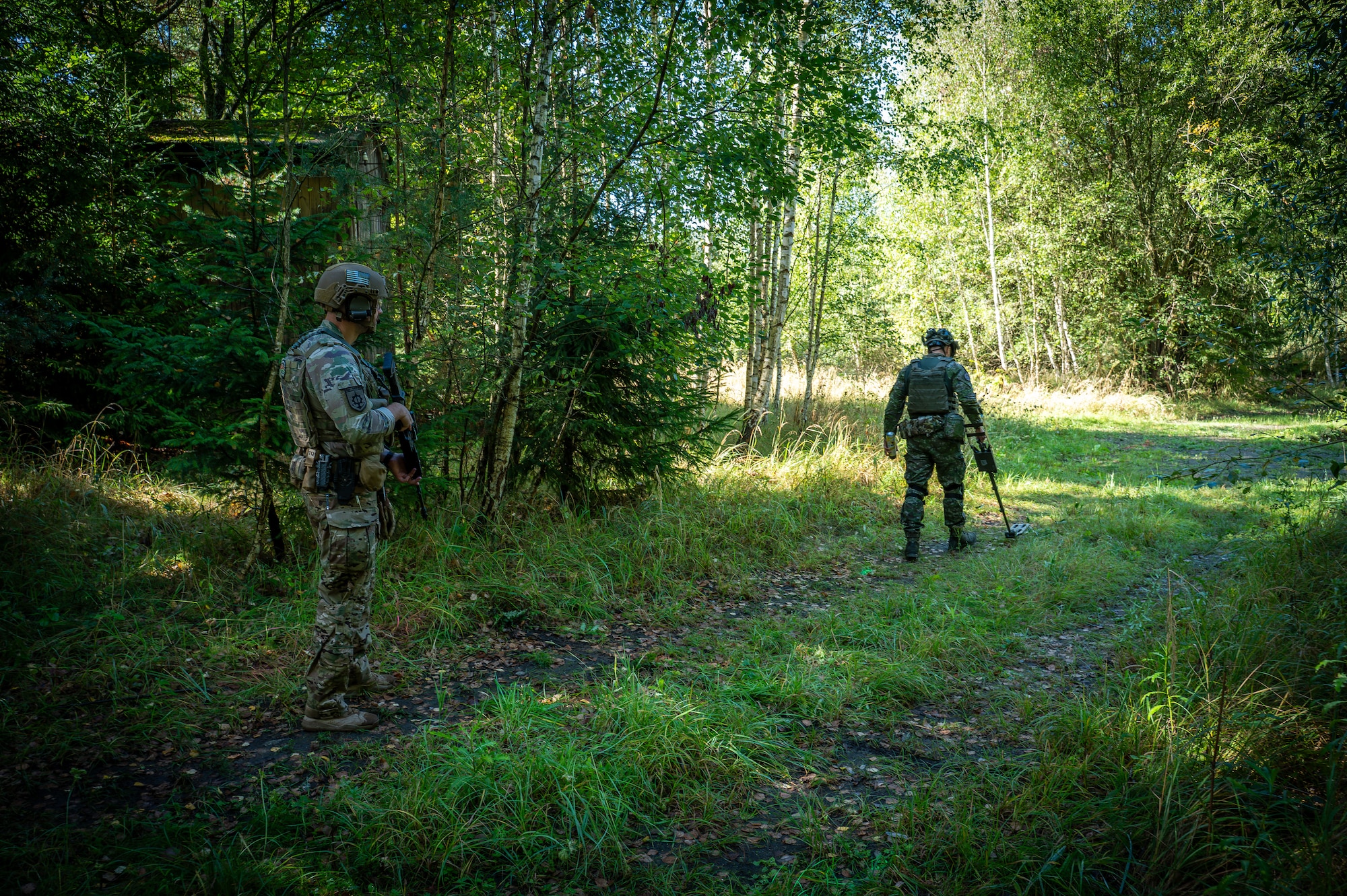 An airman holds a rifle and observes a member of the Slovak Armed forces clearing a path with a metal detector.