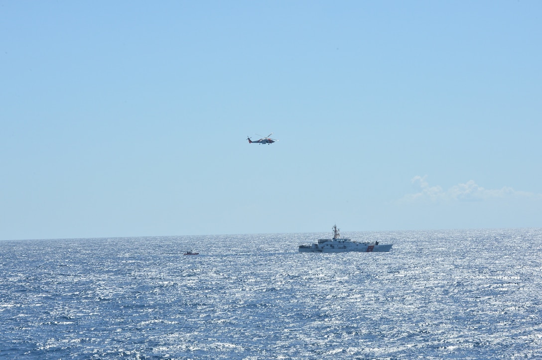 The Coast Guard Cutter Alert (WMEC 630) conducts detainee transfers with the Coast Guard Cutter Joseph Tezanos (WPC 1118) off the coast of Puerto Rico, Aug. 10, 2025. During their patrol, Alert’s crew conducted 10 transfers of illicit contraband and detainees in under two weeks. (U.S. Coast Guard photo by Ensign Nicholas Reeser)