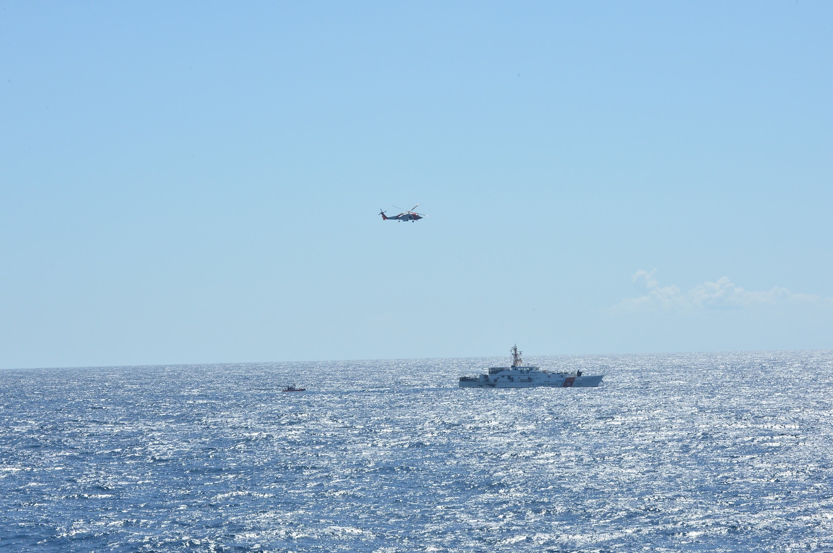 The Coast Guard Cutter Alert (WMEC 630) conducts detainee transfers with the Coast Guard Cutter Joseph Tezanos (WPC 1118) off the coast of Puerto Rico, Aug. 10, 2025. During their patrol, Alert’s crew conducted 10 transfers of illicit contraband and detainees in under two weeks. (U.S. Coast Guard photo by Ensign Nicholas Reeser)