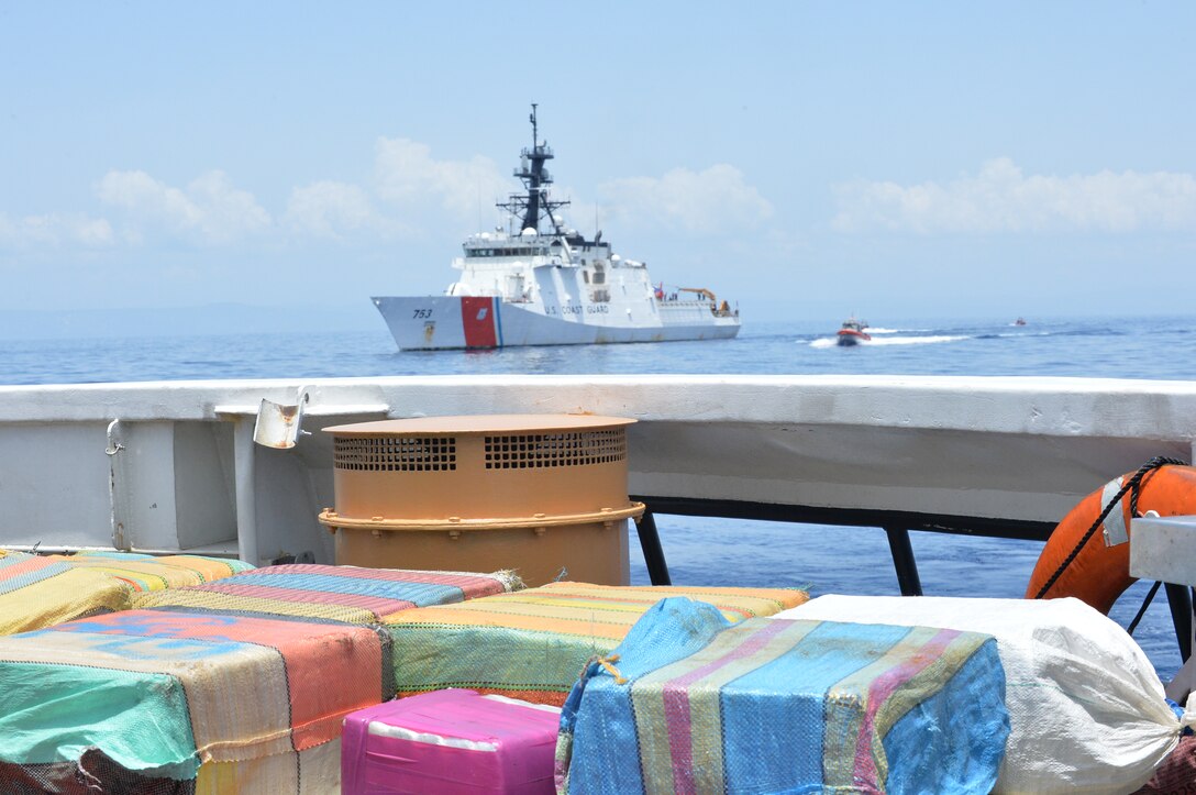 Illicit contraband sits on the deck of the Coast Guard Cutter Alert (WMEC 630) during transfers with Coast Guard Cutter Hamilton (WMSL 753), off the coast of Haiti, Aug. 11, 2025.  During their patrol, Alert’s crew conducted 10 transfers of contraband and detainees in under two weeks. (U.S. Coast Guard photo by Ensign Nicholas Reeser)