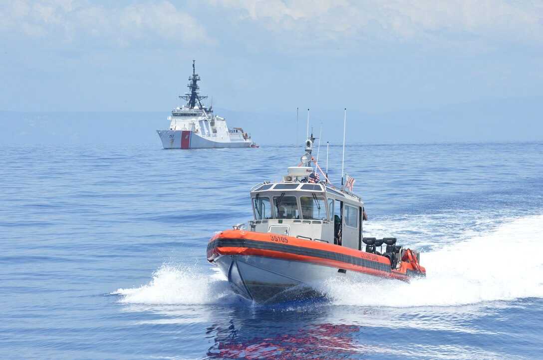 Coast Guard Cutters Alert and Hamilton conduct small boat contraband transfers off the coast of Haiti, Aug. 11, 2025.  During their patrol, Alert’s crew conducted 10 transfers of contraband and detainees in under two weeks. (U.S. Coast Guard photo by Ensign Nicholas Reeser)