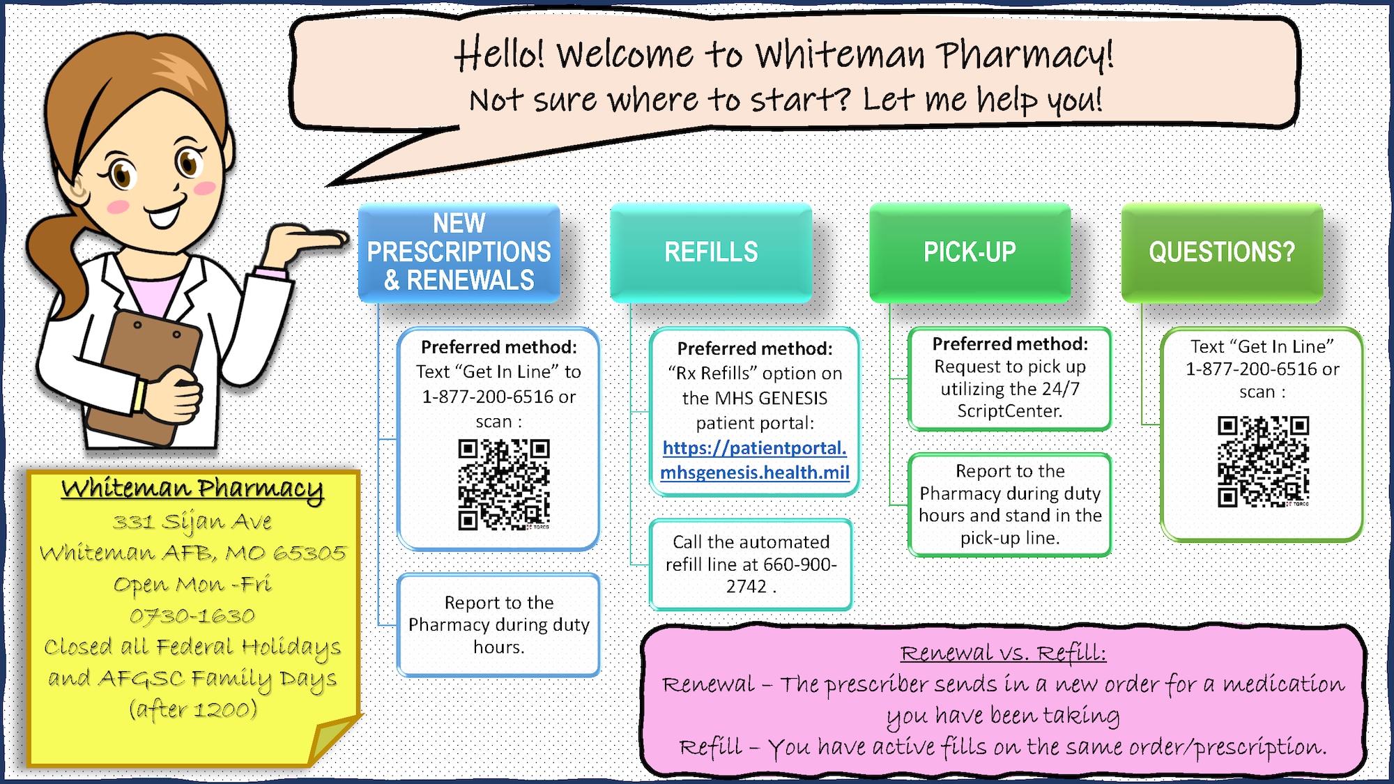 To start prescription services with the Whiteman AFB Pharmacy using Q-Anywhere, please scan this QR code or text "GET IN LINE' to 877-200-6516.