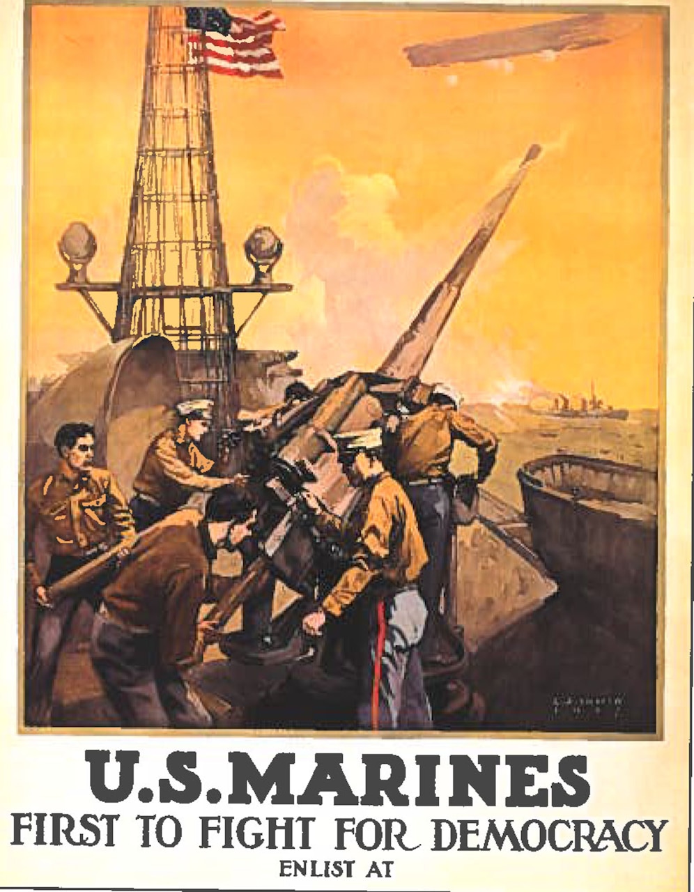 Marines fire a deck gun on a battleship as another ship floats in the distance.