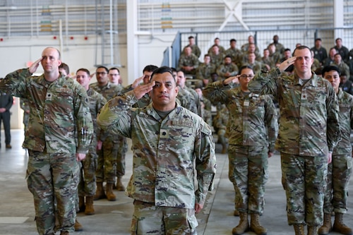 U.S. Air Force Airmen from the 19th Maintenance Group render their final salute during an inactivation ceremony at Little Rock Air Force Base, Arkansas, Sept. 18, 2025. The inactivation supports the Air Force’s transition to an A-Staff structure at the wing echelon. The new structure centralizes planning and coordination while allowing tactical units to focus entirely on mission execution.