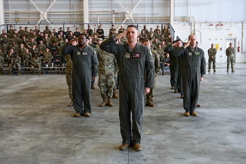 U.S. Air Force Airmen from the 19th Operations Group render their final salute during an inactivation ceremony at Little Rock Air Force Base, Arkansas, Sept. 18, 2025. The inactivation supports the Air Force’s transition to an A-Staff structure at the wing echelon. The new structure centralizes planning and coordination while allowing tactical units to focus entirely on mission execution.