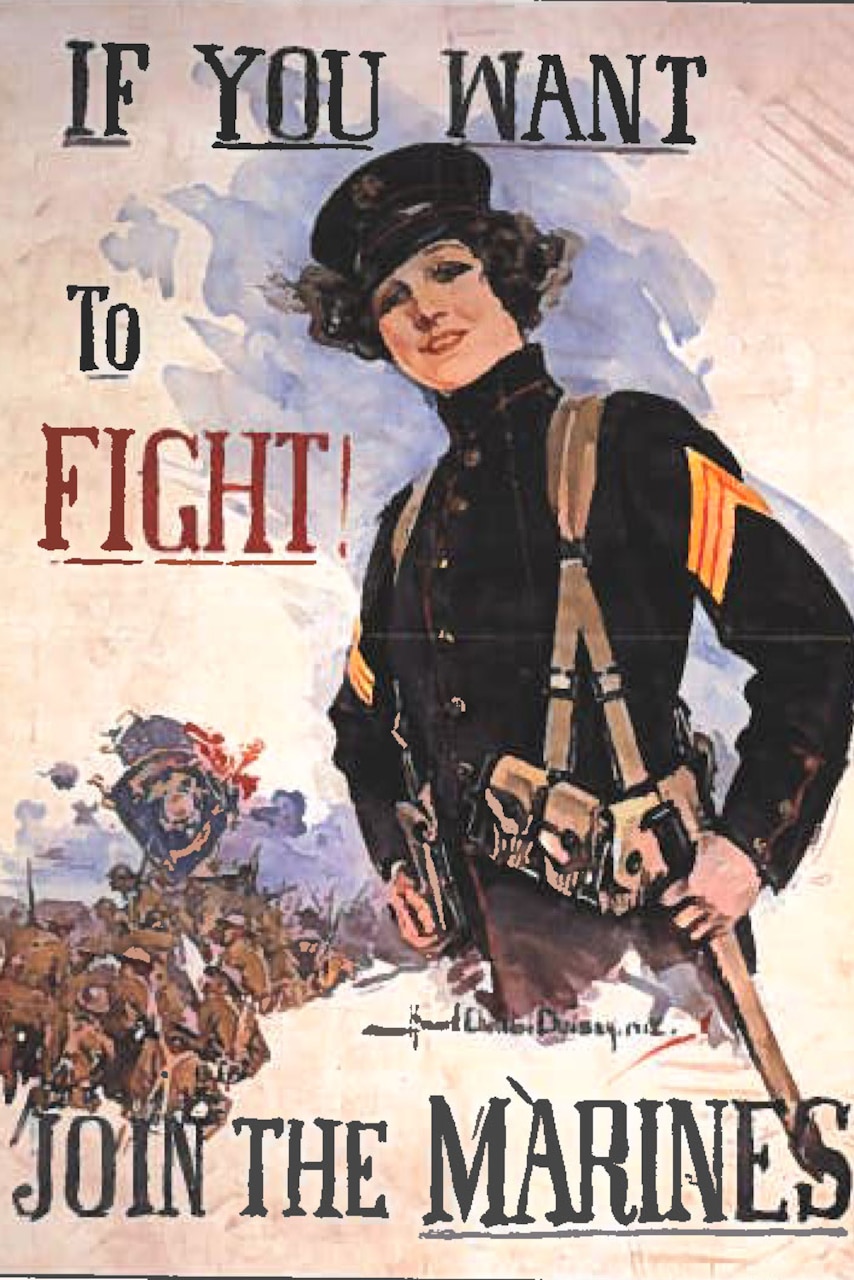 An armed female Marine encourages people to join the service in order to fight.